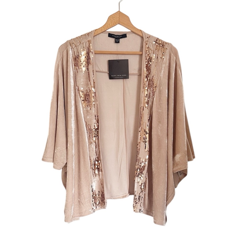 Andrew Marc New York Velvet Champagne Sequin Open Front Kimono Cardigan OS